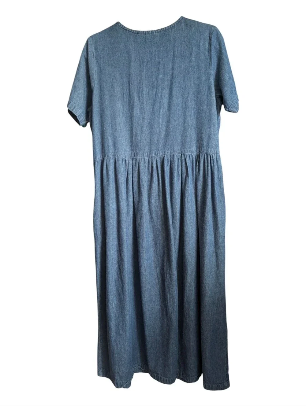 M • Vintage • Blue Denim Midi Dress with Shades Of Green Floral Embroidery - Picture 3 of 5